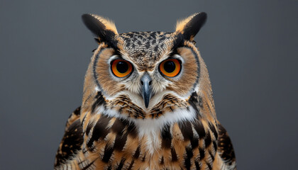 Obraz premium Eurasian eagle owl staring portrait with vivid orange eyes on gray studio background
