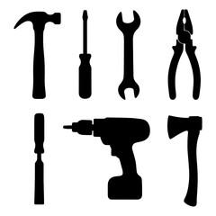 Silhouette illustration of various hand tools including a hammer screwdriver wrench and pliers axe and drill