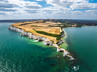 White Cliffs of Old Harry Rocks Jurassic Coast from a drone, Handfast Point, Dorset Coast, Poole, Dorset, England