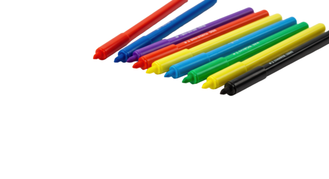 Eight vibrant, new marker pens (red, blue, green, yellow, orange, purple, black, pink) flat lay on a professional transparent background, concept of creative ideation