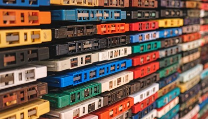 Colorful cassette tapes stacked high