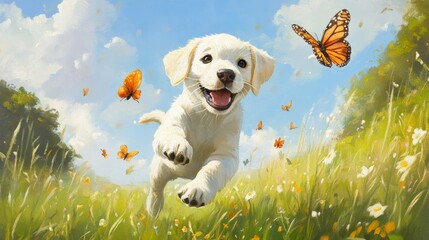 A playful Labrador puppy chasing butterflies in a green meadow