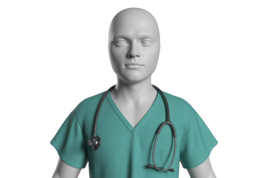A 3D render of a child's mannequin in a teal medical scrub top with a stethoscope. background removed - Powered by Adobe