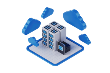 3D isometric illustration of cloud computing infrastructure with servers and blue clouds. background removed