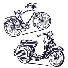 Fototapeta premium Vintage bicycle and retro scooter vector illustrations in detailed line art style for transport and classic vehicle themes