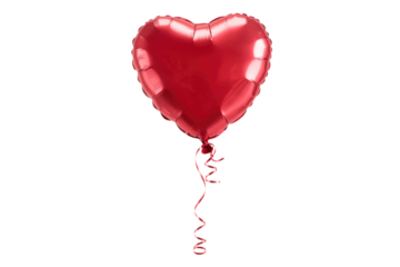 A single red heart-shaped balloon with a curled ribbon, isolated on a transparent background. background removed