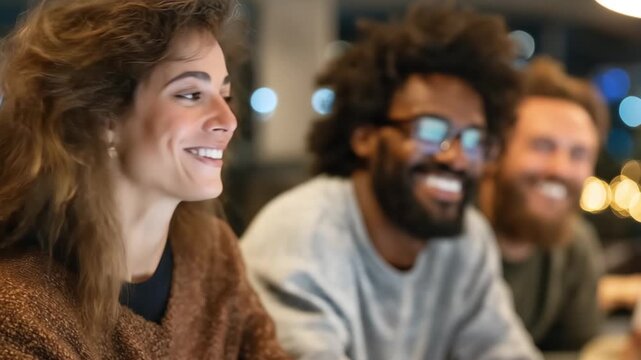 A diverse team of three collaborates happily at an office laptop, engaging with online content in a close-up view of their technology