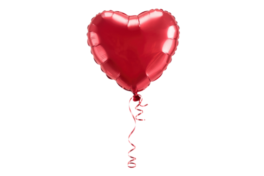 A single red heart-shaped balloon with a curled ribbon, isolated on a transparent background. background removed