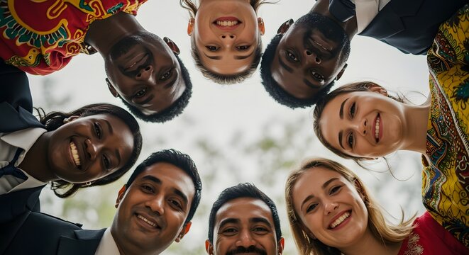 A diverse group of smiling people looking down into the camera forming a circle with their heads Global unity