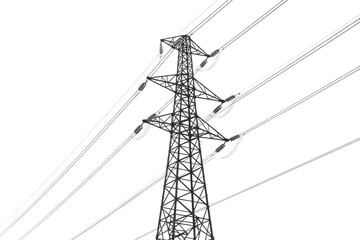 Wireframe illustration of a tall electricity pylon with multiple power lines against a transparent...