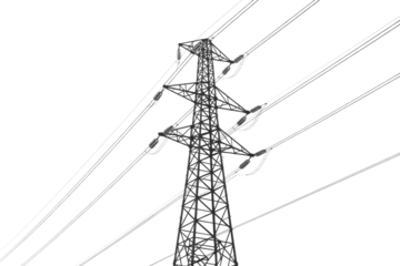 Wireframe illustration of a tall electricity pylon with multiple power lines against a transparent background. background removed
