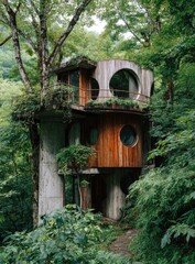 A rustic, circular, multi-level wooden and concrete structure nestled amongst lush green foliage, partially obscured by vegetation, with a tree growing alongside