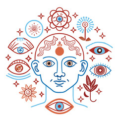 Vintage floral fashion design illustration of a woman's beautiful face with a hairstyle of flowers