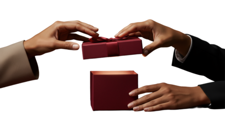 Elegant hands with diverse skin, manicured nails, professional sleeves, gently lifting crimson gift box lid, revealing a luxurious glow in studio, concept of valuable surprise