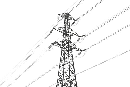 Wireframe illustration of a tall electricity pylon with multiple power lines against a transparent background. background removed