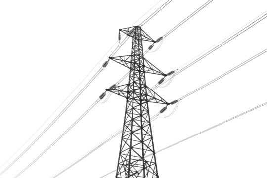 Wireframe illustration of a tall electricity pylon with multiple power lines against a transparent background. background removed