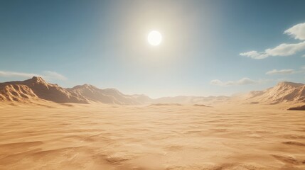 A vast desert landscape under a bright sun, with gentle rolling dunes and distant mountains against a clear blue sky.