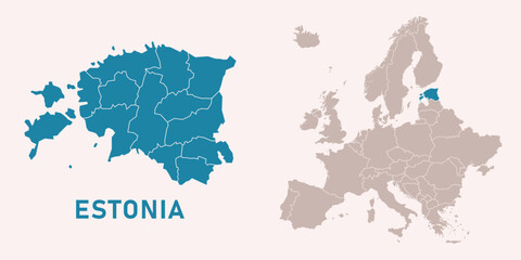 Map of Estonia with administrative divisions and highlighted position on Europe map. Isolated on white background. Vector illustration. © WeDrawing