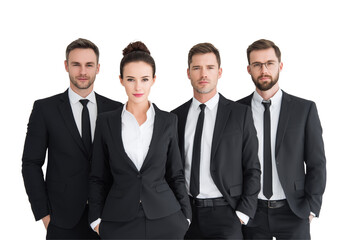 Four business professionals in black suits and white shirts isolated on a transparent background team