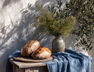 Rustic wooden table, sun-dappled wall backdrop, two loaves of artisan bread on a wooden board, beside a vase of yellow-green flowers and olive branches, draped with blue linen