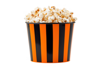 Full bucket of popcorn with orange and black stripes isolated on a transparent background snack food 1