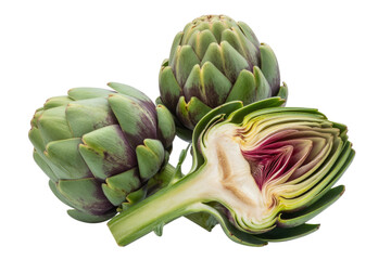 Close-up of three artichokes, one cut open, showcasing its vibrant interior against a transparent background. background removed