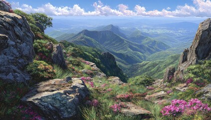 A breathtaking vista from a rocky mountain peak reveals a vast, verdant valley stretching to distant, hazy mountains under a vibrant blue sky dotted with fluffy white clouds