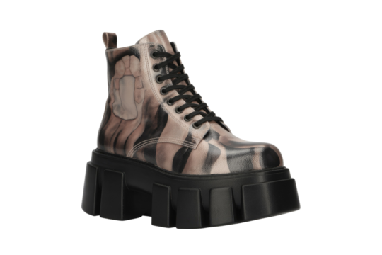 Abstract hand-painted lace-up chunky platform boots with a unique design. background removed