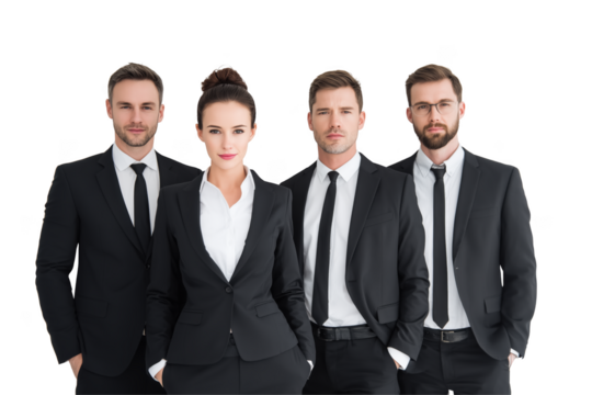 Four business professionals in black suits and white shirts isolated on a transparent background team