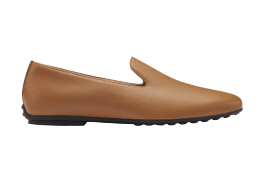 Tan leather women's loafers with a pointed toe and a rubber sole. background removed