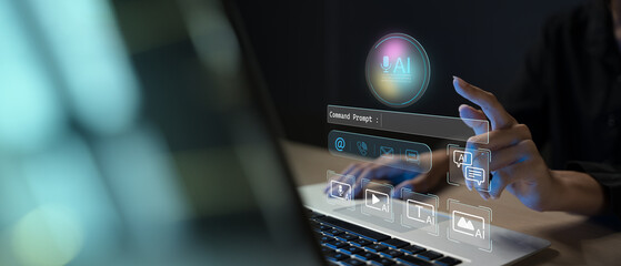 Person using futuristic AI interface on laptop with virtual command prompt and icons for chat, voice, media, and text tools, symbolizing artificial intelligence in digital communication workflow.