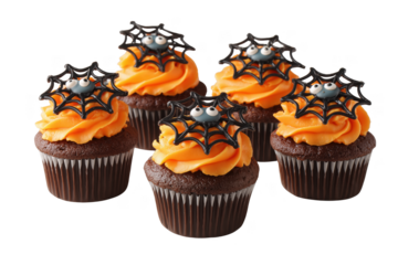 Five Halloween cupcakes with orange frosting and spider decorations isolated on a transparent background