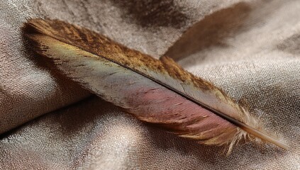 A single, mottled brown and pink bird feather rests gently on a textured, beige fabric. The feather displays subtle variations in color and shading, its barbs delicately visible.
