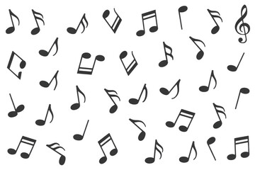 Scattered grayscale musical notes on a transparent background, creating a musical pattern. background removed