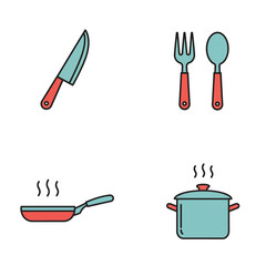 Colorful Kitchen Utensils and Cookware Icons.
