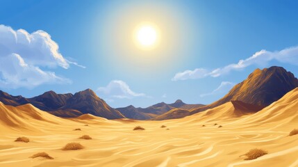 A bright desert landscape featuring rolling sand dunes under a clear blue sky with the sun shining brightly overhead.