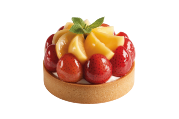A delicious fruit tart with strawberries, oranges, and a mint sprig on top, a perfect dessert. background removed