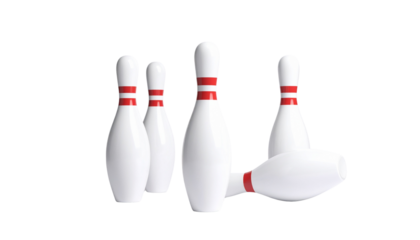 A striking row of white 3D bowling pins isolated on white background ready for a fun competition