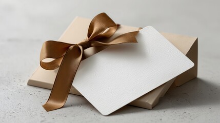 A blank gift card mockup on a clean white surface with a small ribbon