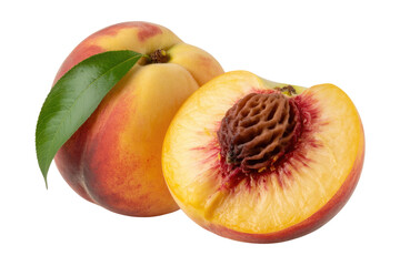 A whole peach and a half peach with a leaf isolated on a transparent background. background removed