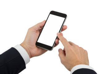 Two well-groomed male hands, professional cuff, holding a sleek black smartphone with blank white screen, finger poised to tap, on a transparent studio background, concept of digital possibilities