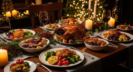 Festive Christmas dinner spread on a wooden table, adorned with candles and holiday lights. Roasted turkey, side dishes, and wine glasses fill the table