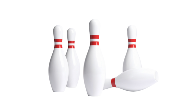 A striking row of white 3D bowling pins isolated on white background ready for a fun competition