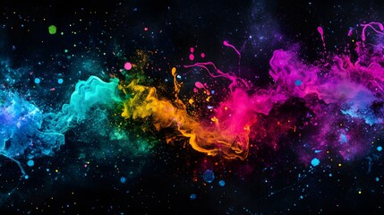 Vibrant hues of liquid paint swirl and splatter across a dark background, creating a mesmerizing abstract design.