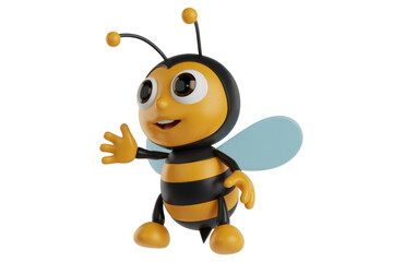 A cheerful cartoon bee with big eyes waves hello, a friendly 3D render on a transparent background. background removed