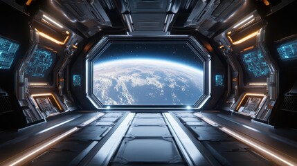 A futuristic spaceship interior with a view of Earth through a large window, illuminated by soft lighting and high-tech displays.