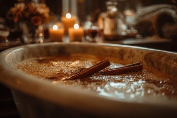 Warm Cinnamon-Infused Bath with Soft Candlelight for Tranquil Relaxation.