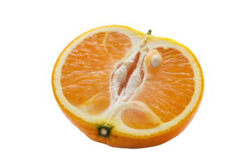 A cross-section of an orange reveals its juicy segments and seeds against a transparent background. background removed