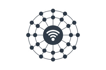 Network connection illustration showing a central WiFi signal surrounded by interconnected nodes. background removed