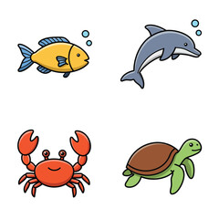 Cartoon Sea Creatures Fish Dolphin Crab and Turtle Illustration.